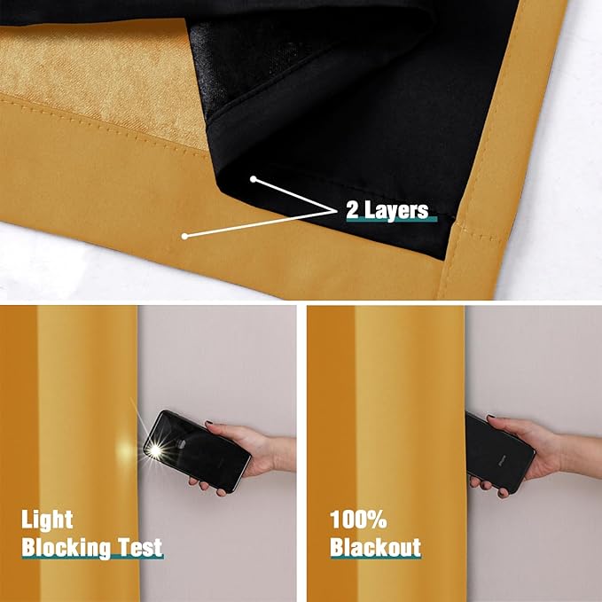 ChrisDowa 100% Blackout Curtains for Bedroom with Black Liner, 2 Thick Layers Total Blackout Thermal Insulated Grommet Window Curtains 2 Panels Set (Mustard Yellow, 52 x 72 Inch)