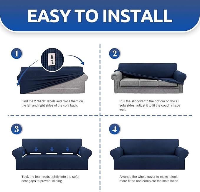 KEKUOU Stretch Sofa Cover Slipcover ，Couch Covers for 3 Cushion Couch Sofa pet Friendly (78"-94") Furniture Protector Sofa with Elastic Bottom for Kids,Dog, Jacquard Small Checked(Large,Navy Blue)