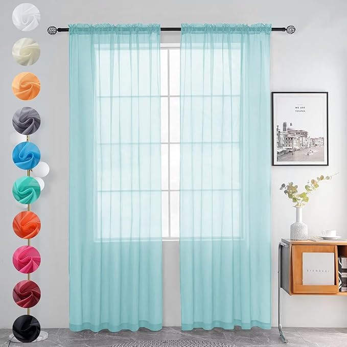 youleyar Solid Sheer Rod Pocket Curtain Voile Draperies 2 Panels White Beige Black Grey Ivory 52 Inch Width 63 Inch Long 1 Pair for Kitchen Bedroom Children Living Room Yard (Sky Blue,52Wｘ63L)