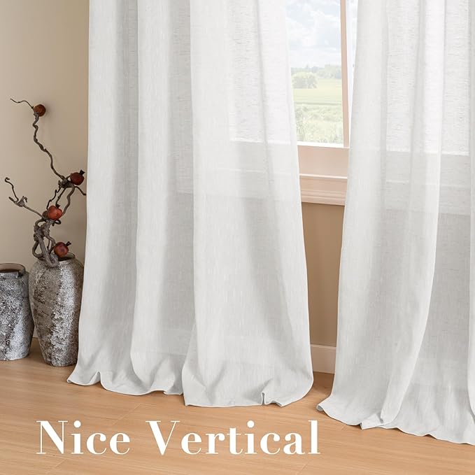 H.VERSAILTEX White Linen Curtains 96 inches Long Natural Linen Blended Semi-Sheer Curtains with Nickel Grommet for Living Room, Privacy Assured (52 by 96 Inch, Set of 2, White)