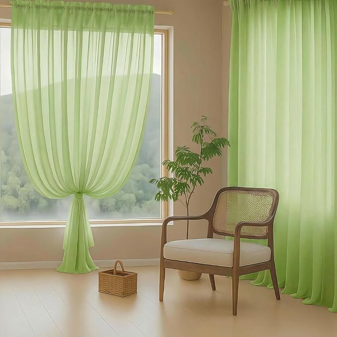 Sheer Curtains 63 Inch Length 2 Panels, Soft Voile Sheer Curtains for Christmas, Breathable Light Filtering Window Treatments, Dual Rod Pocket Panels, Lime, 2x42Wx63L Inches