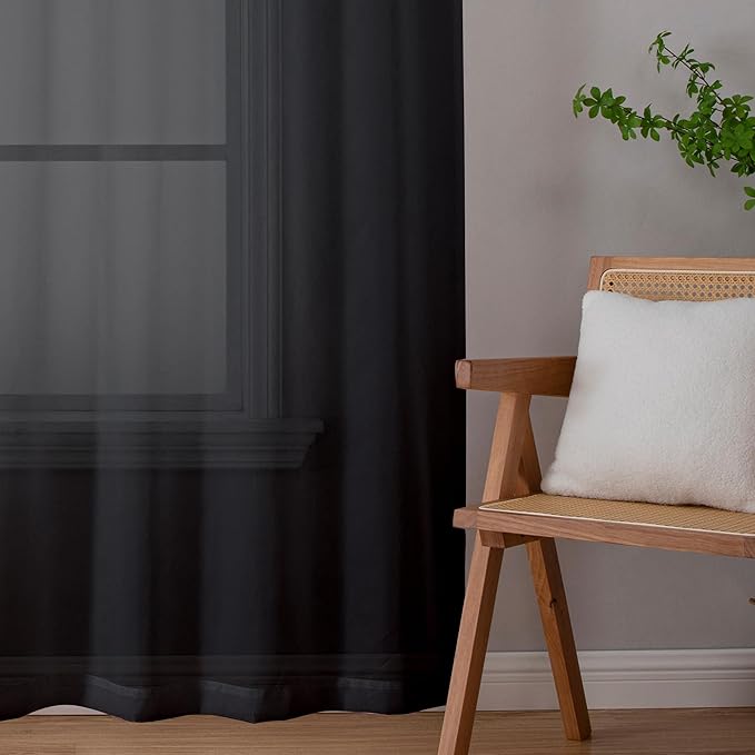 Simplebrand Black Sheer Curtains 63 Inch Length 2 Panels, Rod Pocket Solid Color Window Sheer Curtain Panels, Elegant Curtains & Drapes for Living Room, Bedroom 2 Panels (Black, 42" W x 63" L)