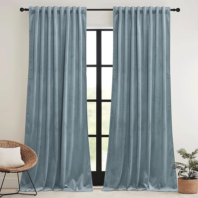 RYB HOME Stone Blue Velvet Curtains 84 inches- Blackout Curtains for Nursery Thermal Insulated Elegant Soft Luxury Window Decor for Seaside Room, Stone Blue, W52 x L84 inches, 2 Panels