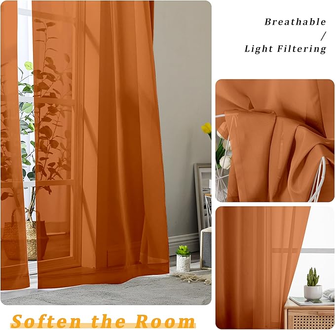 Gwine Burnt Orange Fall Sheer Curtains 96 Inches Long 2 Panels, Elegant Window Treatments Voile Curtains for Living Room, Light Filtering Rod Pocket Sheer Drapes, Each 42 Wx96 L