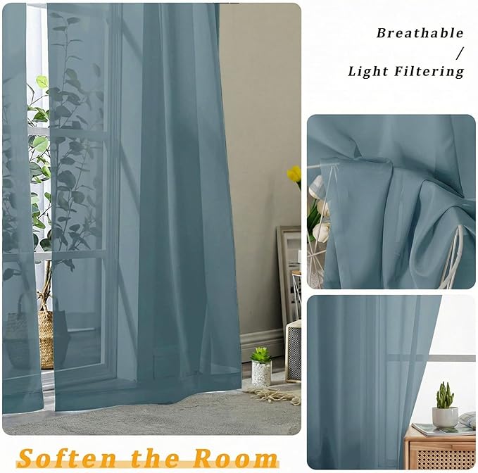 Gwine Sheer Curtains 72 Inch Length - Light Filtering Rod Pocket Window Curtain Panels for Bedroom, Elegant Soft Voile Living Room Sheer Drapes, Each 42Wx72L, 2 Panels, Dusty Blue