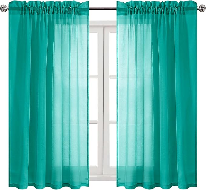 DWCN Teal Sheer Curtains Semi Transparent Voile Rod Pocket Curtains for Bedroom and Living Room, 52 x 54 inches Long, Set of 2 Panels