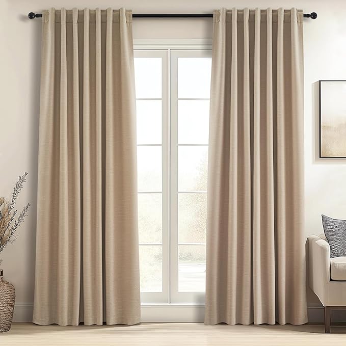Topfinel Light Taupe Blackout Textured 90 Inch Long Linen Blend Curtain Draperies Pinch Pleat Back Tab with Hooks Energy Saving Thermal Insulated Curtains for Living Room (2 Panels,W 52 x L 90 Inch)