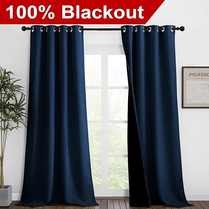 NICETOWN Moroccan Blue Full Shade Curtain Panels, Pair of Thermal Insulated & Energy Efficiency Blackout Drapes for Living Room Windows, Lined Silky Performance Window Dressing (46" Wide x 90" Long)