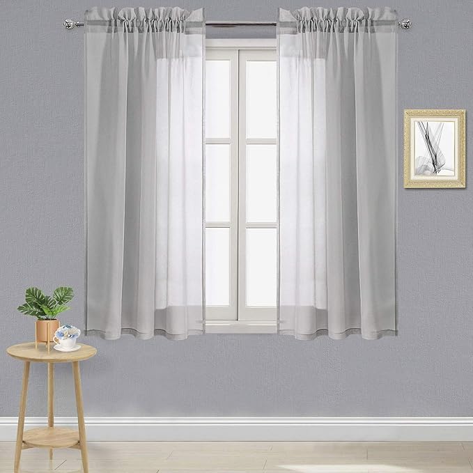 DWCN Grey Sheer Curtains Semi Transparent Voile Rod Pocket Curtains for Bedroom and Living Room, 42 x 45 inches Long, Set of 2 Panels