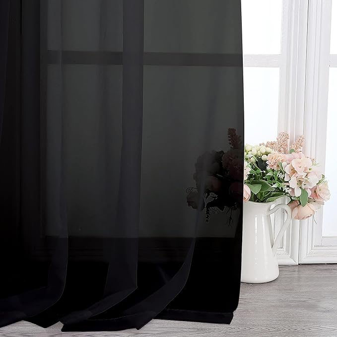 Simplebrand Black Sheer Curtains 108 Inches Long, Extra Long Rod Pocket Solid Color Window Sheer Curtain Panels, Elegant Curtains & Drapes for Living Room, Bedroom 2 Panels (Black, 42" W x 108" L)