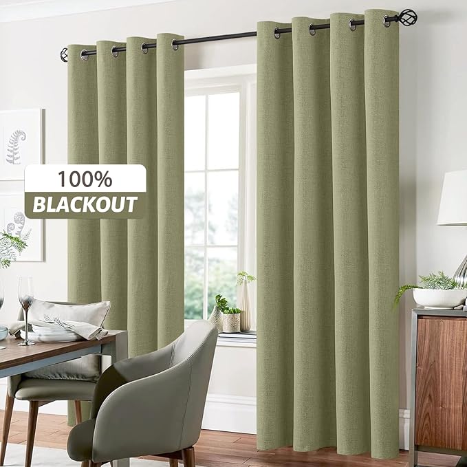 Yakamok Sage Green Linen Curtains 100% Blackout 72 Inches Long,Room Darkening Textured Curtains for Living Room Thermal Grommet Bedroom Curtain 2 Panels with Greyish White Liner