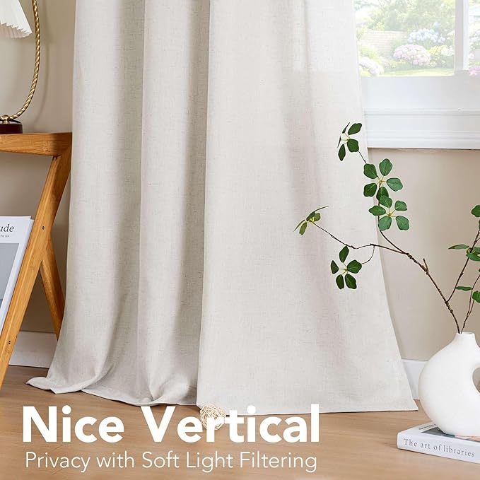 H.VERSAILTEX Grommet Privacy Linen Curtains 2 Pieces Total Size 104 Inch Wide (52 Inch Each Panel) - 96 Inch Long - Elegant, Light Filtering Panel Drapes for Bedroom (52" W x 96" L, Heathered Natural)