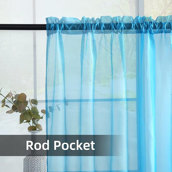 youleyar Solid Sheer Rod Pocket Curtain Voile Draperies 2 Panels White Beige Black Grey Coffee 52 Inch Width 54 Inch Long 1 Pair for Kitchen Bedroom Children Living Room Yard (Cyan Blue,52Wｘ54L)