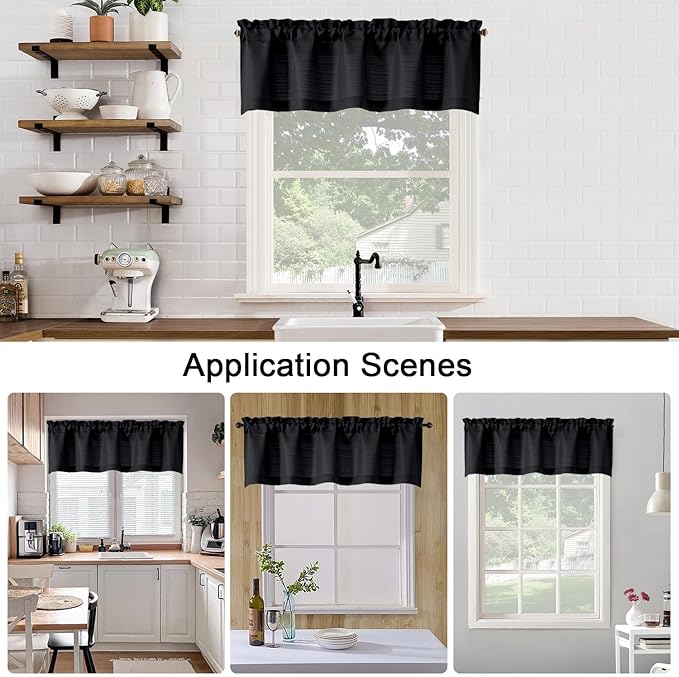 Chyhomenyc Black Valance for Windows, Light Filtering Faux Linen Decorative Small Short Kitchen Window Valance Curtain for Living Room Bathroom Cafe Laundry Basement, 60Wx14L inch, 1 Piece