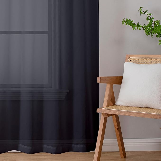 Lecloud Black Sheer Curtains 78 Inches Long 2 Panels Set, Privacy Voile Light Filtering Drapes, Airy Solid Window Curtains with Rod Pocket for Living Room Bedroom Basement, Each Panel 42" W x 78" L