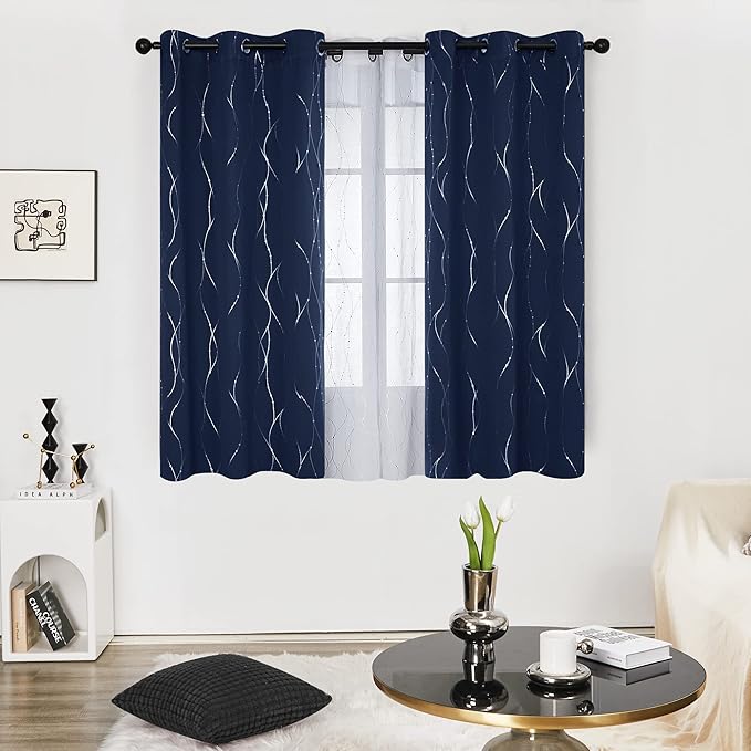 Deconovo Blackout Curtains, Thermal Insulated Noise‑Reducing Grommet Drapes, Wave Line Dot Foil Print, 38 x 54 Inch Long, 2 Panels, Machine‑Washable Window Curtains for Bedroom Living Room Kitchen