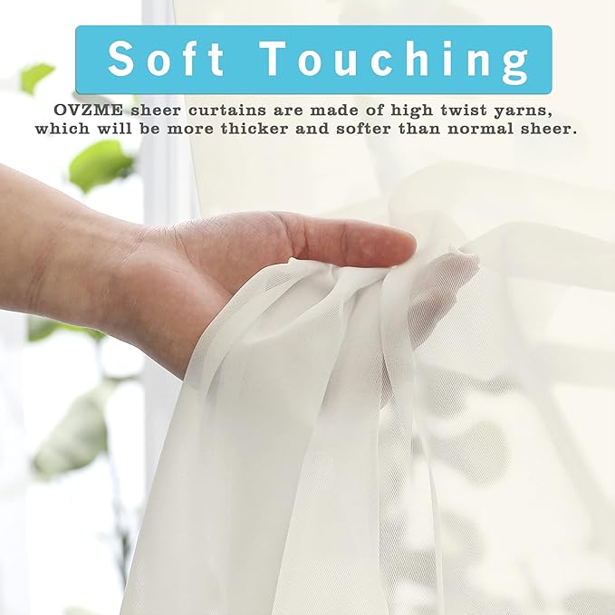 OVZME 2 Panels Ivory Sheer Curtains 54 Inches Length Window Treatment for Kitchen, Elegant Airy Transparent Curtain Draperies Rod Pocket for Kids Living Room, Each 42 Width 54 Length