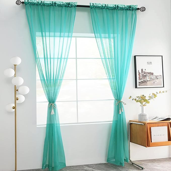 youleyar Solid Sheer Rod Pocket Curtain Voile Draperies 2 Panels White Beige Black Grey Coffee 52 Inch Width 96 Inch Long 1 Pair for Kitchen Bedroom Children Living Room Yard (Turquoise,52Wｘ96L)