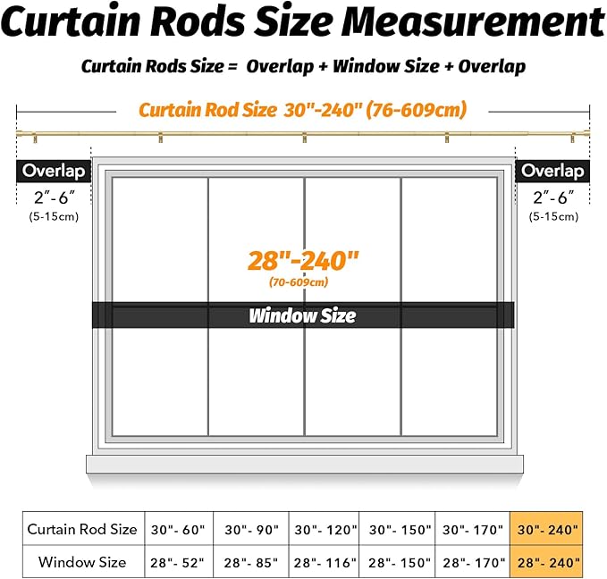 GEEBOBO Gold Curtain Rods for Windows 120 to 240 Inch, 1 Inch Extra Long Heavy Duty Easy Install Adjustable Curtain Rods Set for Outdoor, Farmhouse, Bedroom, Living Room (Gold, 30"-240")