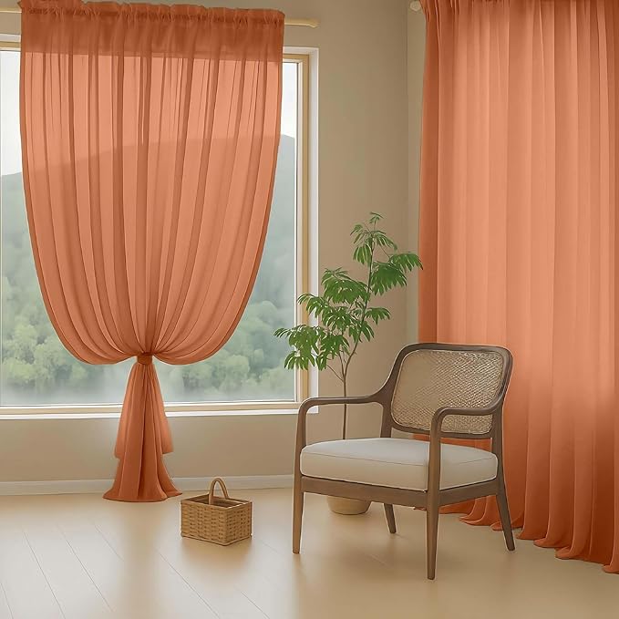 Orange Sheer Curtains 63 Inch Length 2 Panels, Voile Sheer Curtain for Living Room, Breathable Light Filtering Modern Window Treatments, Soft Fabric Dual Rod Pocket Drapes, 2x42Wx63L Inches