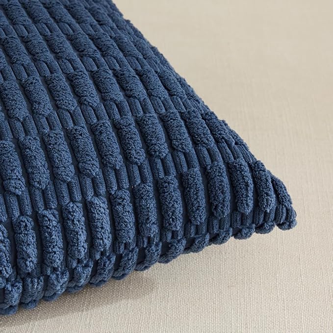 Fancy Homi 4 Packs Dusty Blue Decorative Throw Pillow Covers 24x24 Inch for Living Room Couch Bed Sofa, Rustic Farmhouse Boho Home Decor, Soft Plush Striped Corduroy Square Cushion Case 60x60 cm