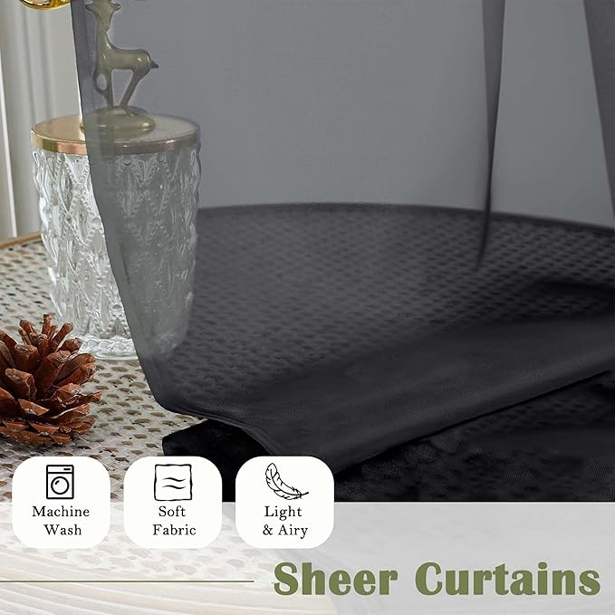 Lecloud Black Sheer Curtains 90 Inches Long 2 Panels, Light Filtering Privacy Voile Curtain Drapes, Airy Extra Wide Dual Rod Pocket Window Treatments for Living Room Bedroom, 59" W x 90" L