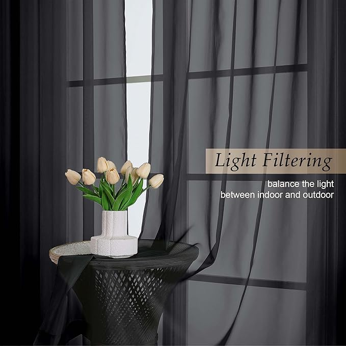 Black Sheer Curtains 90 Inches Long 2 Panels Set for Bedroom Living Room, Soft Airy Light Filtering Modern Solid Rod Pocket Drapes Window Treatments, Black, Each 59" W x 90" L