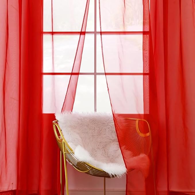 youleyar Solid Sheer Rod Pocket Curtain Voile Draperies 2 Panels White Beige Black Red Coffee 70 Inch Width 72 Inch Long 1 Pair for Kitchen Bedroom Children Living Room Yard(Red,70Wｘ72L)