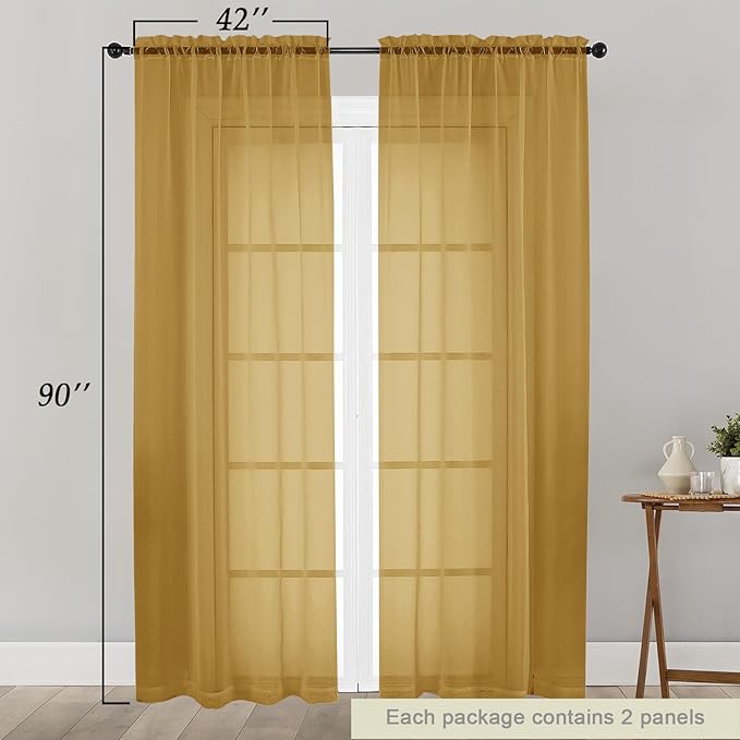 Sheer Gold Curtains for Bedroom Living Room 90 Inches Long 2 Panels Set, Soft Airy Light Filtering Sheer Window Treatments, Modern Rod Pocket Curtains Drapes, Each 42" Wx90 L Inch