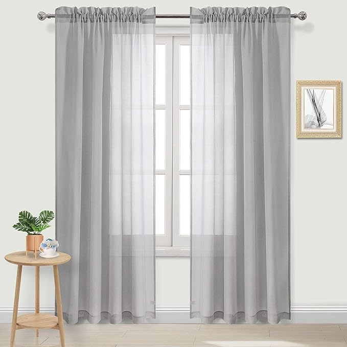 DWCN Grey Sheer Curtains Semi Transparent Voile Rod Pocket Curtains for Bedroom and Living Room, 52 x 108 inches Long, Set of 2 Panels