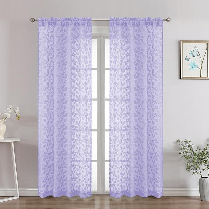 Chyhomenyc Light Purple Sheer Curtains 72 Inches Long 2 Panels Set, Light Filtering Tufted Textured Soft Airy Rod Pocket Elegant Leaf Window Treatment Drapes for Bedroom Living Room, 42" Wx72 L, 2PCS