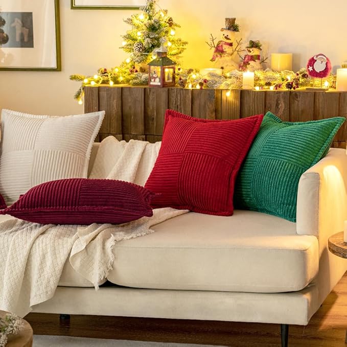 MIULEE Decorative Throw Pillow Covers for Couch Bed Livingroom 20x20 Inch Set of 2 White Boho Accent Throw Pllows Broadside Striped Patchwork Soft Corduroy Pillowcases
