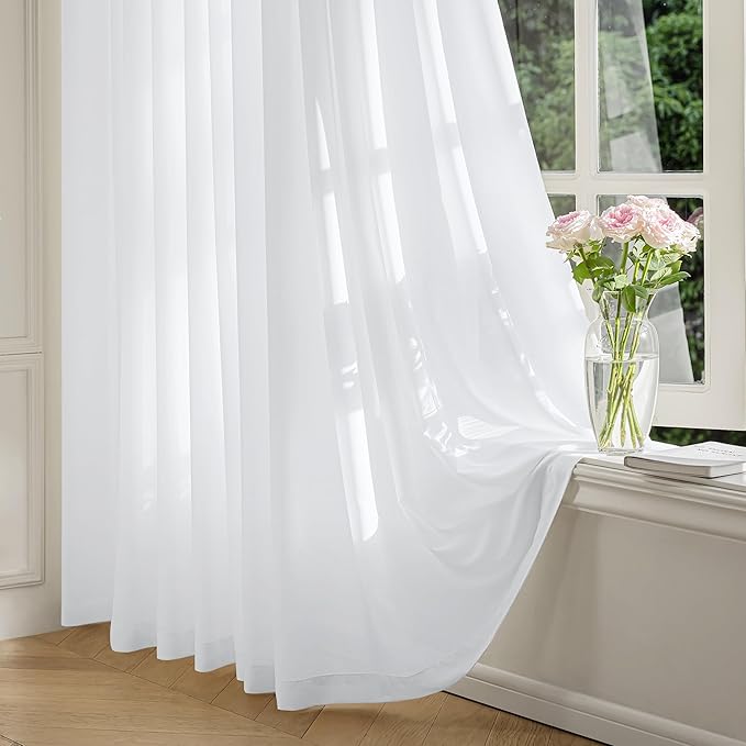 FMFUNCTEX Sheer Non-See-Through White Curtains for Bedroom, Faux Silk that Let Light Curtains 72 inches Long Light Filtering Privacy Sheer Window Drapes for Living Room, Rod Pocket 2 Panels Set