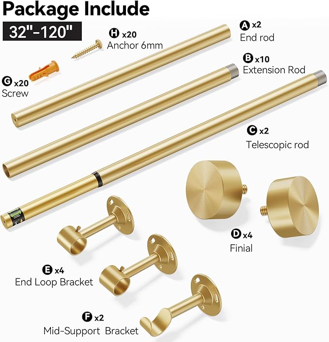 YaFex 2 Pack Heavy Duty Curtain Rods 32-120 Inch, 1 Inch Adjustable Gold Curtain Rod for Windows, Long Window Treatment Rods Set with Aluminium Finials, Modern Design