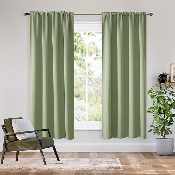 RYB HOME Bedroom Blackout Curtains 63 inches Long, 100% Blackout Thermal Insulated Noise Reducing Curtains for Living Room Nursury, 34 inches Wide by 63 inches Long, Sage Green