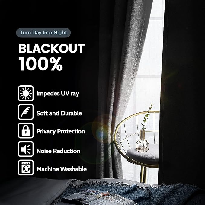 SimpleHome 100% Blackout Curtains for Bedroom,Thermal Insulated Grey Grommet Window Drapes Room Darkening Curtains for Living Room with Black Back,52 x 54 Inch,2 Panels