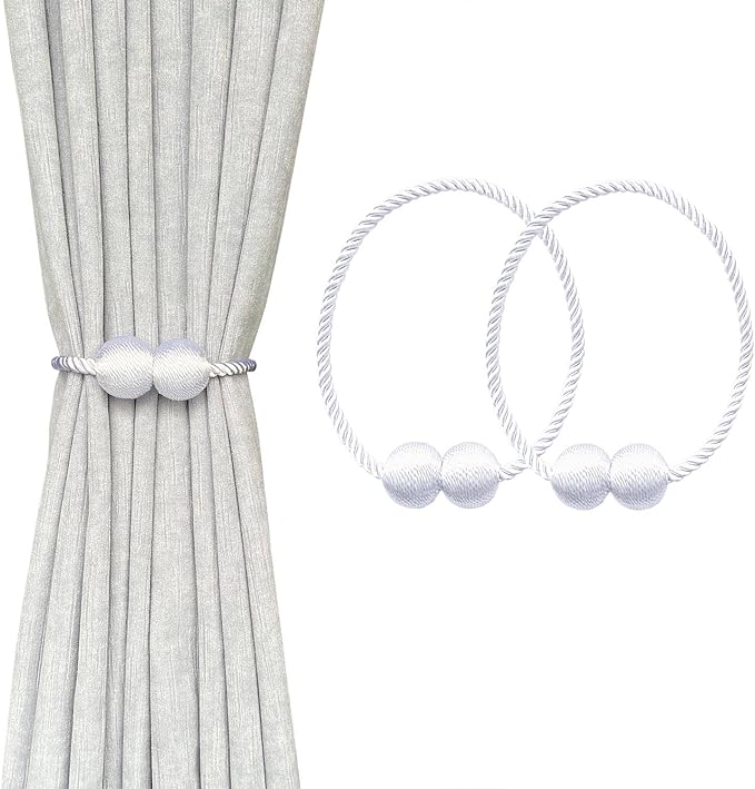 Melaluxe 2 Pack Magnetic Curtain Tiebacks, Decorative Curtain Holdbacks for Window Décor (White)