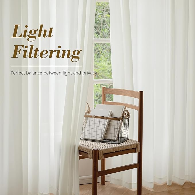 FMFUNCTEX Sheer Non-See-Through Netural Beige Curtains for Bedroom, Faux Silk that Let Light Curtains 84 inches Long Light Filtering Privacy Sheer Drapes for Living Room, Rod Pocket 2 Panels Set