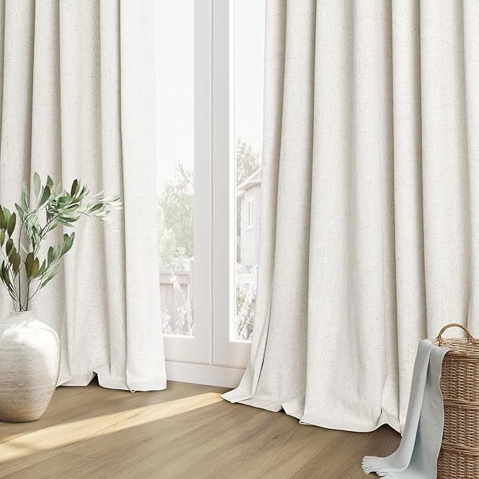 Guken Cream 100% Blackout Cream Linen Curtains 52 Inch Wide by 142 Inch 2 Panels Set for Living Room Bedroom Back Tab/Rod Pocket Thermal Insulated Black Out Drapes Room Darkening Window Curtains