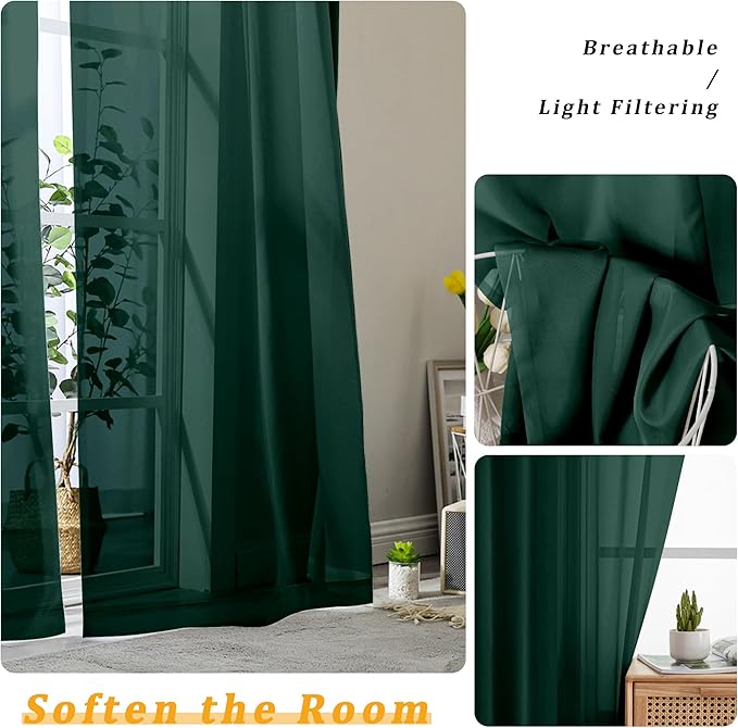 Gwine Hunter Green Sheer Curtains 84 Inches Long 2 Panels Set for Living Room, Rod Pocket Voile Bedroom Curtains, Light Filtering Solid Window Sheer Panels, Each 42" Wx84 L