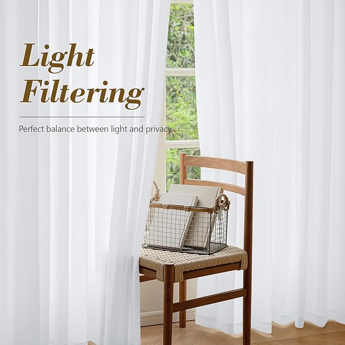 FMFUNCTEX Sheer Non-See-Through White Curtains for Bedroom, Faux Silk that Let Light Curtains 96 inches Long Light Filtering Privacy Sheer Window Drapes for Living Room, Rod Pocket 2 Panels Set
