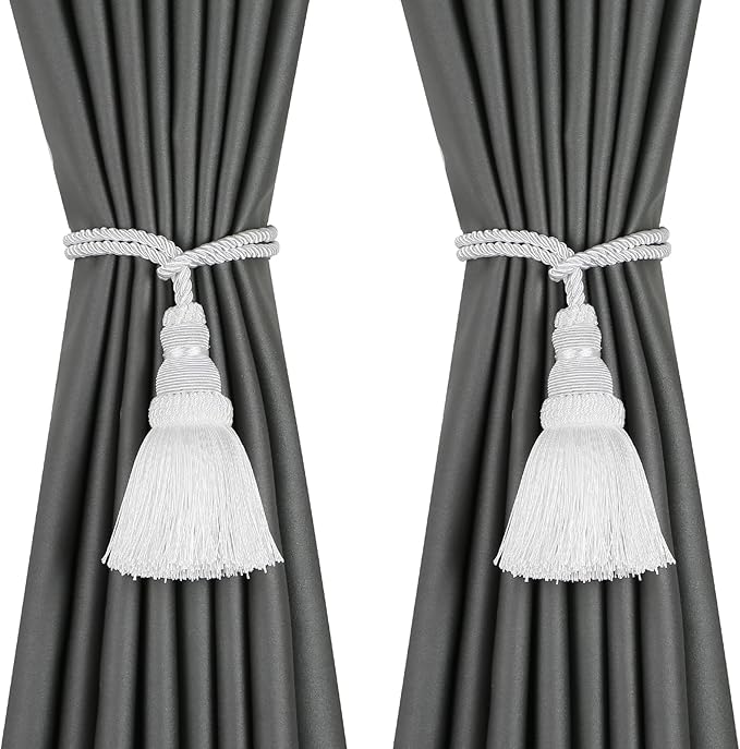 Fenghuangwu 2 Pack Curtain Tie Backs Rope Tassels for Curtains Drape tiebacks Handmade Outdoor Home and Outdoor Decorative (White,2p)