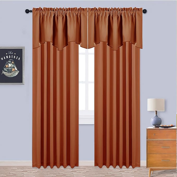 NICETOWN Burnt Orange Curtain Valance for Windows Modern Rod Pocket Valance Window Treatments 2 Panels Short Valances for Kitchen Windows Bathroom Bedroom, 52 x 18 inch