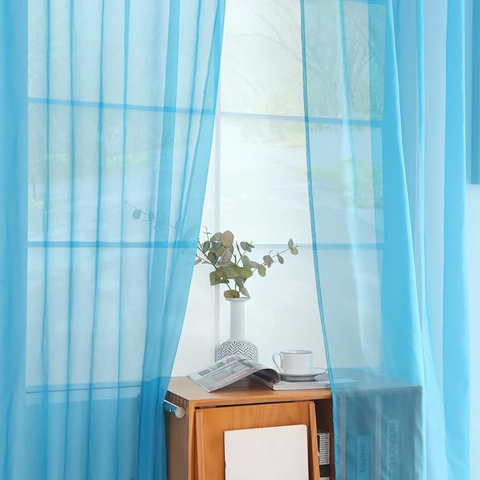 youleyar Solid Sheer Rod Pocket Curtain Voile Draperies 2 Panels White Beige Black Grey Coffee 52 Inch Width 54 Inch Long 1 Pair for Kitchen Bedroom Children Living Room Yard (Cyan Blue,52Wｘ54L)