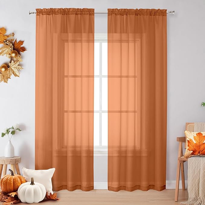 OVZME Sheer Orange Curtains 84 inch Length 2 Panels Set, Airy Soft-Touching Rod Pocket Voile Drapes for Living Room/Bedroom, Each 42" W x 84" L