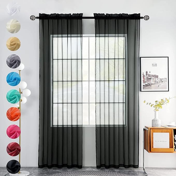 youleyar Solid Sheer Rod Pocket Curtain Voile Draperies 2 Panels White Beige Black Grey Coffee 38 Inch Width 84 Inch Long 1 Pair for Kitchen Bedroom Children Living Room Yard(Black,38Wｘ84L)