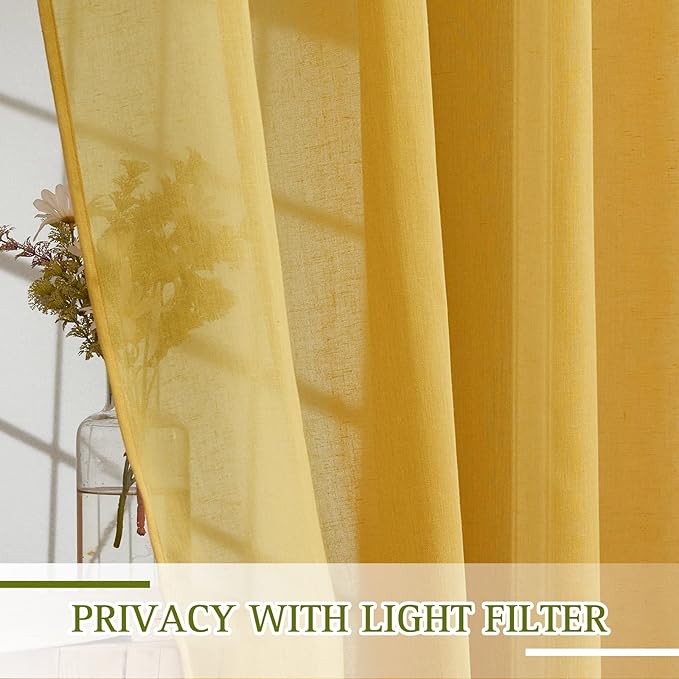 NICETOWN Linen Sheer Gold Curtains 63 inch Length 2 Panels, Grommet Natural Linen Flax Window Drapes Privacy with Light Filtering Curtains for Bedroom, Citrine, W52 x L63