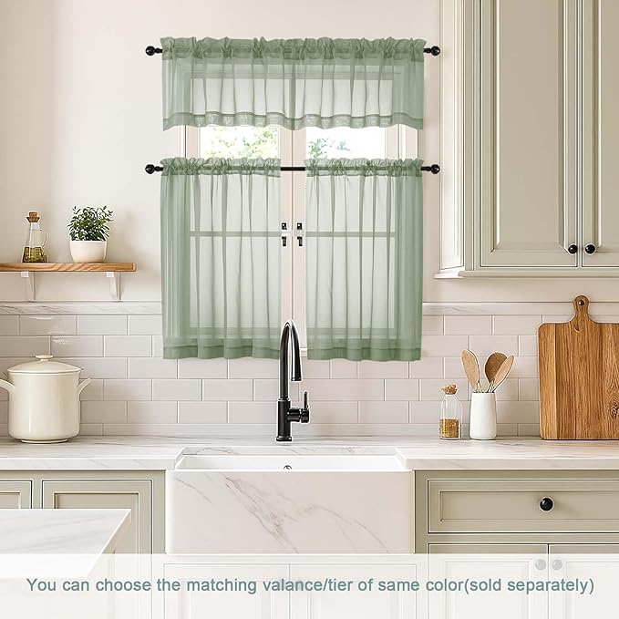 Sage Green Small Sheer Curtains Tier 24 Inches Length 2 Pieces, Light Filtering Cafe Curtains for Living Room Bathroom, Modern Window Treatments Dual Rod Pocket Panels, 2X42Wx24L Inches
