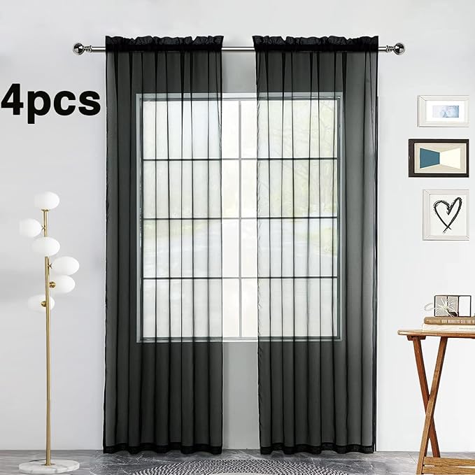 SpaceDresser Black Sheer Curtains 4 Panels Rod Pocket Semi-Sheer Curtain 84 Inches Long Light Filtering Voile Window Drapes for Bedroom Living Room Kitchen, Each 52W x 84L
