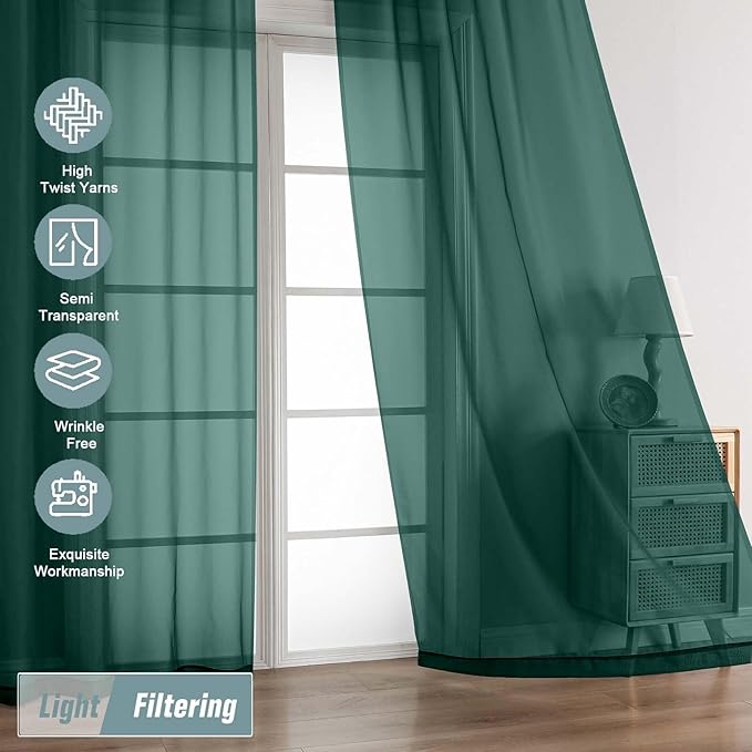 Green Sheer Curtains for Window 72 inches Long 2 Panels, Soft Airy Light Filtering Sheer Curtains for Christmas Decoration, Dual Rod Pocket Solid Window Drapes, Hunter Green, 2x42Wx72L inches